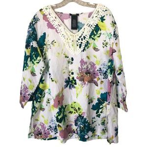 Premise Linen XL shirt Sleeve Crochet Neckline Blouse in Belize City Floral PLUS